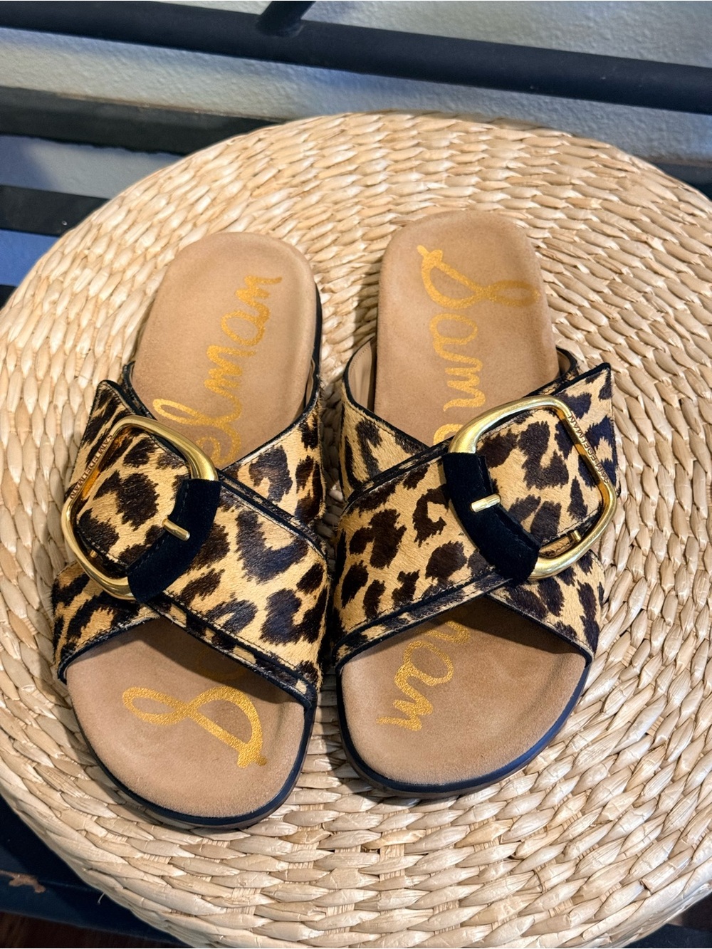 Sam Edelman Leopard Print Calf Hair Buckle Slide Sandals Women’s Size 10